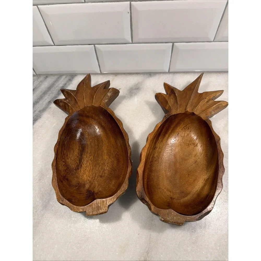 Set Of 2 Vintage Monkey Pod Wooden Pineapple Snack Dish Handmade
